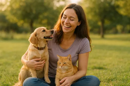 Familia feliz con perro y gato en consulta veterinaria